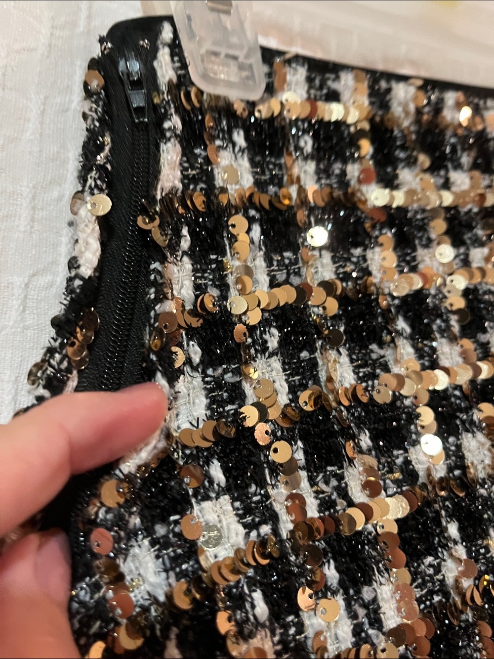 NWOT TWEEN DIVA MINI SKIRT - Gold Sequins Over Black & White Plaid - Side Zipper
